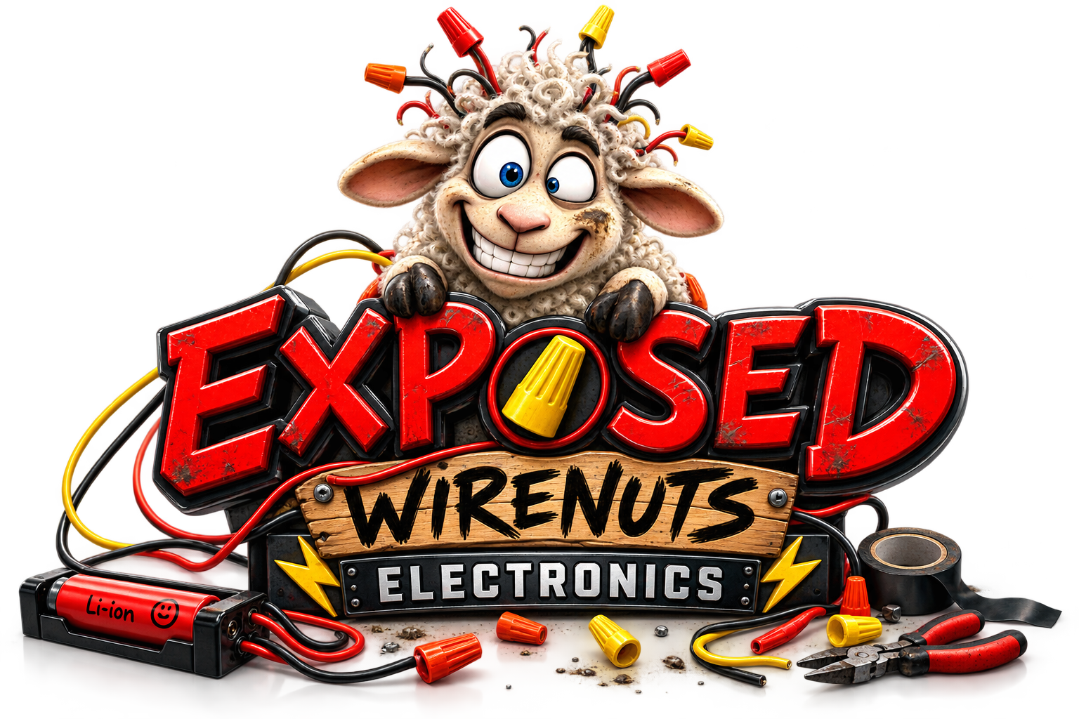Exposed Wirenuts Electronics logo featuring Eugene the sheep among loose red, black, and yellow wires and wire nuts